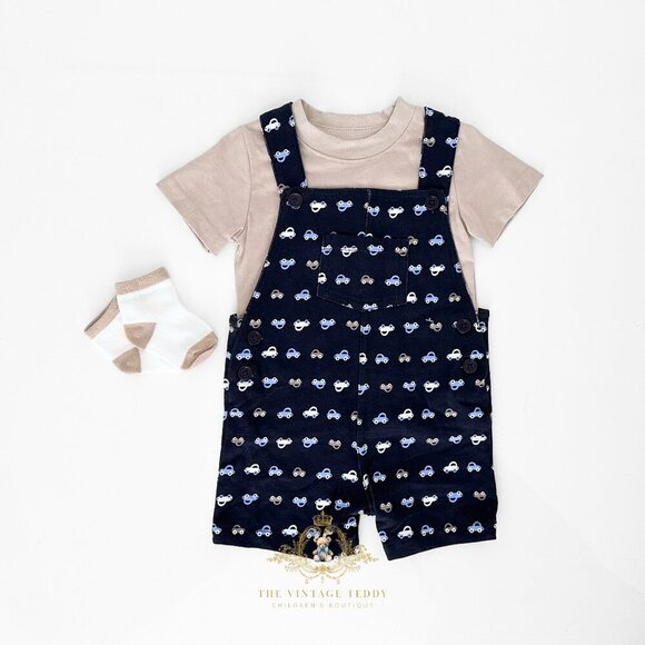 Other - NWT Cute Boys Overalls Dungarees 3 Piece Matching Set Cars Navy Blue & Tan 3M